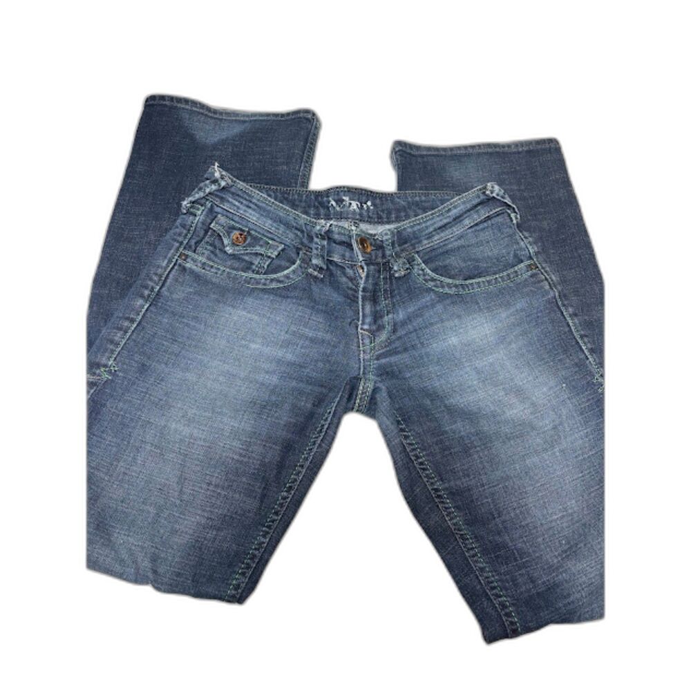 Mavi Jen Jeans Bootcut y2k Low Rise 27 Green contrast Stitch Button Flap pockets